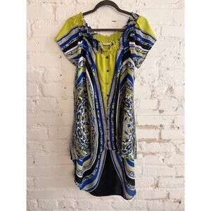 New York & Company XL High Low Tunic Blouse Green Medallion Print Button Front